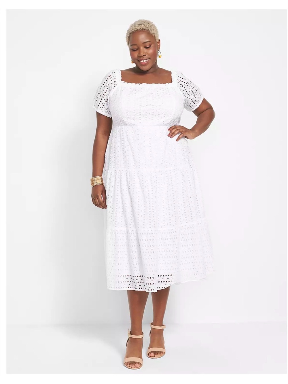 Lane Bryant White Eyelet Midi Dress with Puff Sleeves